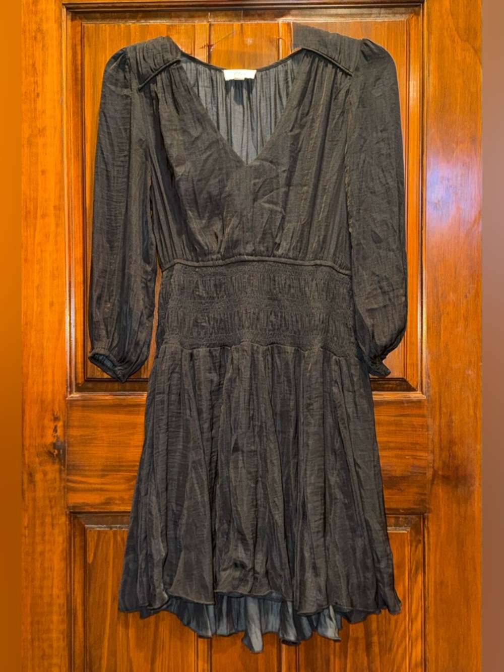 Elan Black V-Neck Long Sleeve Smocked-Waist Dress
